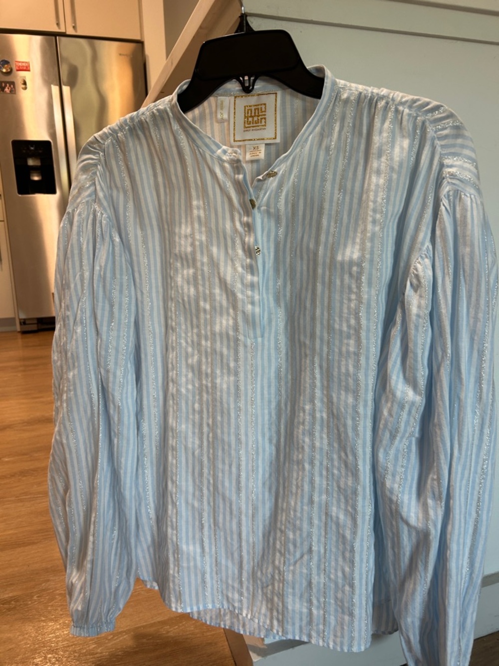 Pale Blue Striped Band-Collar Button-Down Shirt